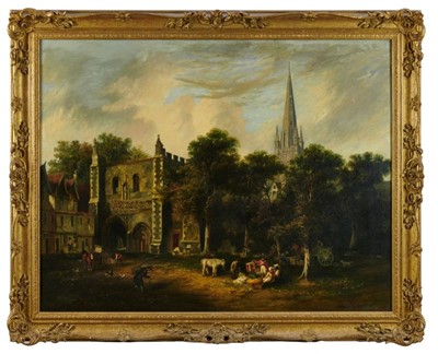 Lot 1065 - David Hodgson (1798-1864) oil on canvas in gilt frame – figures by Norwich Cathedral, 90cm x 70cm