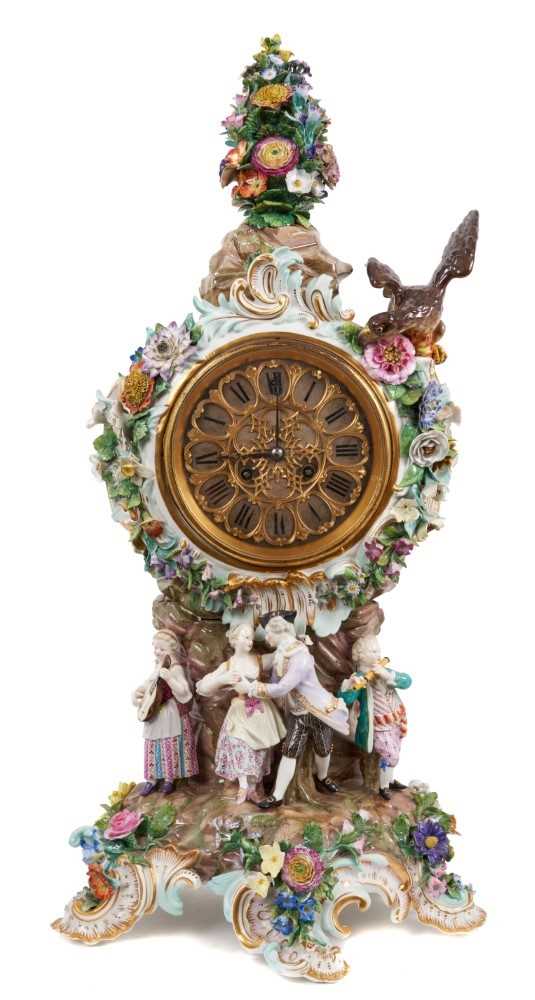 Lot 1 - Large 19th century Meissen porcelain clock with floral encrusted decoration and dancing figures, 67cm high