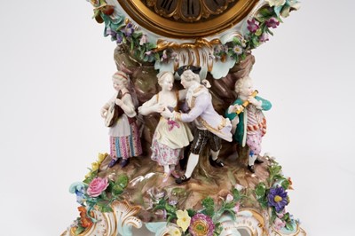 Lot 1 - Large 19th century Meissen porcelain clock with floral encrusted decoration and dancing figures, 67cm high