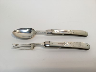 Lot 715 - Victorian Silver and mother of pearl folding military campaign cutlery fork & spoon, (Sheffield 1846), maker William Hazlett, 19.5 & 18.5cm in overall length