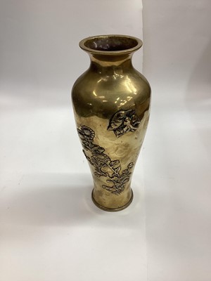 Lot 2738 - Late 19th century Japanese Meji period brass vase, decorated with flowers and birds, 30.5cm in height