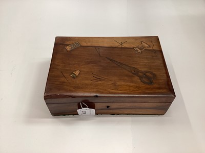 Lot 2739 - Antique Sorrento Ware Olive Wood inlaid sewing box, with inlaid decoration of sewing accessories to the lid and some contents, 22cm in length