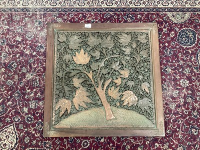 Lot 427 - Interesting Anglo Indian pierced copper panel, depicting a tree in wooden frame with carved decoration to borders, approx. 68.5 x 68.5cm