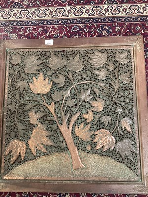 Lot 427 - Interesting Anglo Indian pierced copper panel, depicting a tree in wooden frame with carved decoration to borders, approx. 68.5 x 68.5cm