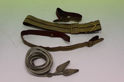 Lot 836 - 19th century Royal Artillery / Royal Engineers gold bullion thread belt with red leather backing, together with a set of silver bullion busby / cap lines.