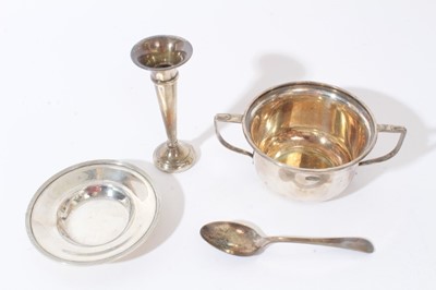 Lot 375 - George III silver dish, a silver christening bowl and spoon in fitted box and a silver spill vase