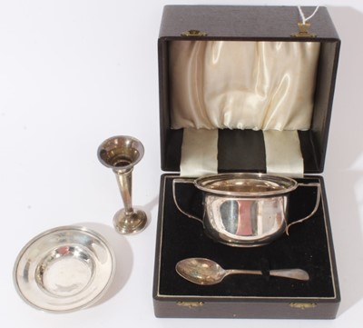 Lot 375 - George III silver dish, a silver christening bowl and spoon in fitted box and a silver spill vase