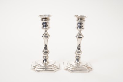 Lot 206 - Pair of George I style dwarf candlesticks, by Goldsmiths and Silversmiths, 1937