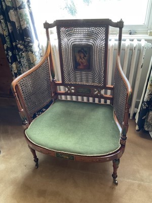 Lot 1329 - Edwardian satinwood bergère armchair with polychrome painted decoration