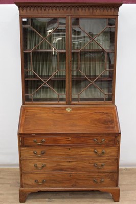 Lot 1343 - George III mahogany and inlaid bureau bookcase, with astragal glazed upper section