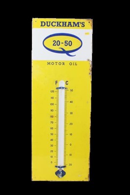 Lot 2092 - Vintage Duckham's Motor oil 20 - 50 enamel garage thermometer sign, 92 x 33.5cm