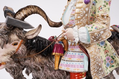 Lot 2 - Impressive 19th century Meissen figure of count Bruhl’s Tailor on a goat (some damage and restoration)