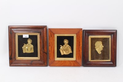 Lot 705 - Three early 19th century relief gilded bronze plaques in glazed rosewood frame