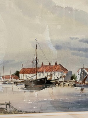 Lot 1070 - Leslie Hardy Moore (1907-1997) watercolour, Norfolk Harbour scene