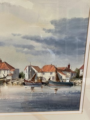 Lot 1070 - Leslie Hardy Moore (1907-1997) watercolour, Norfolk Harbour scene