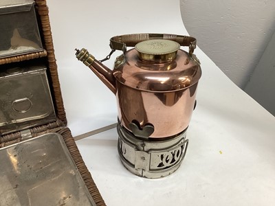Lot 2103 - Edwardian G.W. Scott & Son wicker two person 'En Route' tea basket 'The Continental', comprising copper and brass kettle and burner, together with enamel plates, cutlery, sandwich box and other ite...