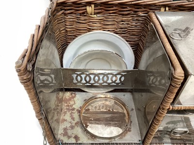 Lot 2103 - Edwardian G.W. Scott & Son wicker two person 'En Route' tea basket 'The Continental', comprising copper and brass kettle and burner, together with enamel plates, cutlery, sandwich box and other ite...
