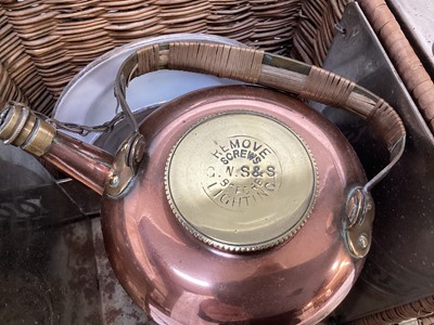 Lot 2103 - Edwardian G.W. Scott & Son wicker two person 'En Route' tea basket 'The Continental', comprising copper and brass kettle and burner, together with enamel plates, cutlery, sandwich box and other ite...