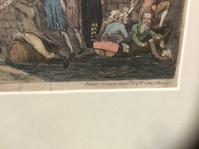 Lot 213 - Ernest Prater watercolour illustration, together with a Regency coloured engraving, pencil sketch of a castle and other pictures