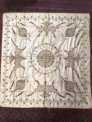 Lot 2249 - An Indian silk embroidered table cover, two Victorian lace table covers and other textile.