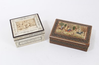 Lot 869 - Antique carved bone box with hunting scene in high relief, together with another antique Persian box with figure relief (2)