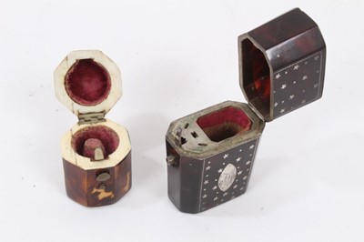 Lot 867 - George III  tortoiseshell silver inlaid etui case, with a Victorian tortoiseshell thimble box/case