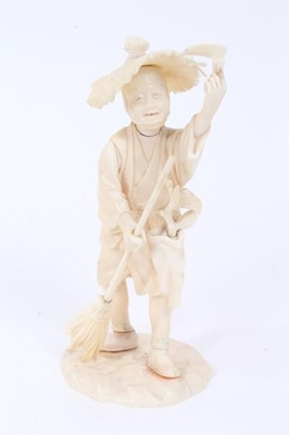 Lot 866 - 19th century Japanese Meiji period carved ivory okimono of a farmer in period costume