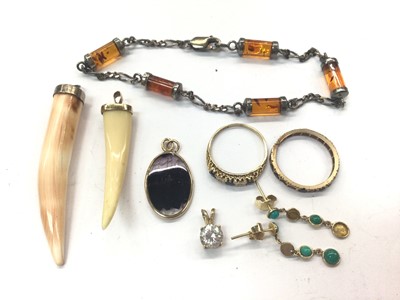 Lot 718 - 9ct gold sapphire and diamond ring, eternity ring, blue John pendant in 9ct gold mount, three other pendants, pair turquoise cabochon drop earrings and a silver amber bracelet