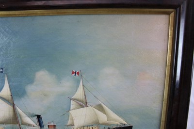 Lot 1166 - Chinese School, oil on canvas trade painting of steam ship Patroclus, blue funnel line ship, flying Alfred Holt and China Navigation Company flags (apparently unsigned).