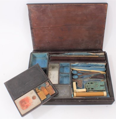 Lot 712 - 19th century Chinese zitan wood merchants box with fitted interior, removable sections and contents to include scales, rules, folding knife, frame, ink stones and other items.