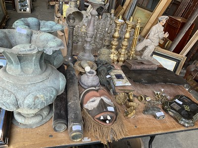 Lot 253 - Works of art including malachite desk stand, other desk stands, tribal mask, candlesticks, pair of copper vases and sundries