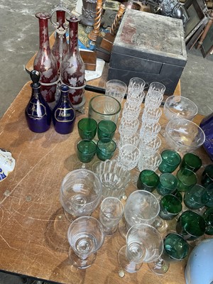 Lot 258 - Decorative glassware including three bottle cranberry glass decanter stand, Regency Bristol blue decanters, engraved Jewish glass, engraved Masonic glass