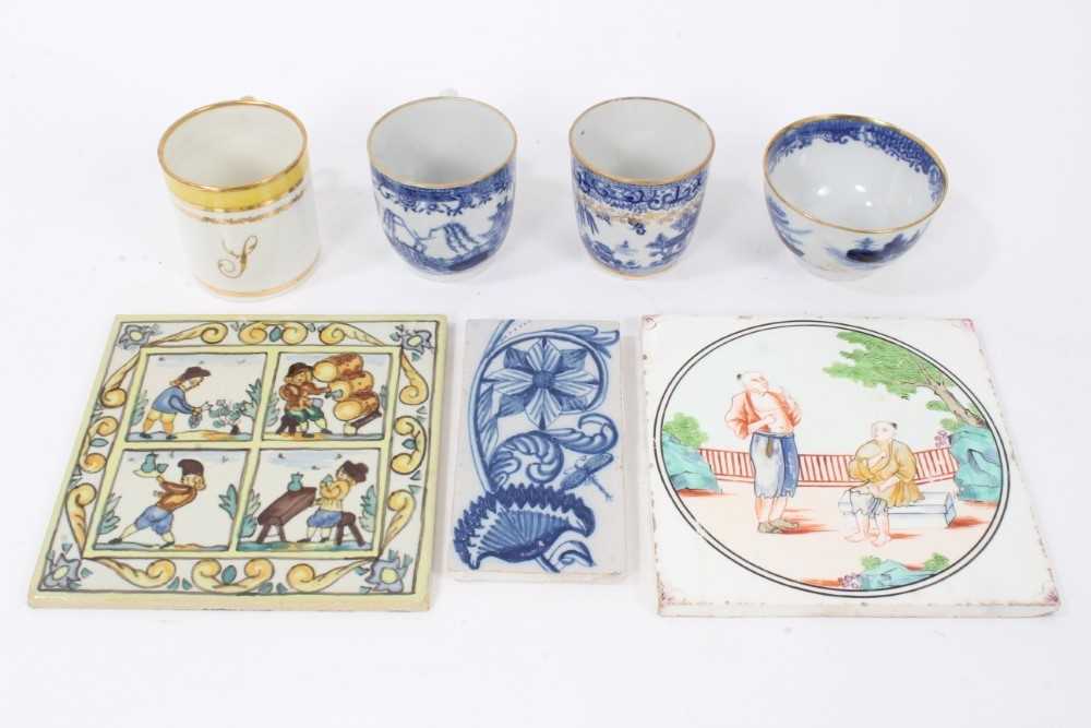 Lot 81 - Minton & Hollins tile hand painted with Chinese figures, a Delft side tile and a Spanish tile, together with 19th century teawares (7 pieces)