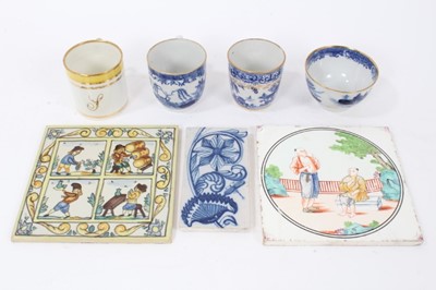 Lot 81 - Minton & Hollins tile hand painted with Chinese figures, a Delft side tile and a Spanish tile, together with 19th century teawares (7 pieces)