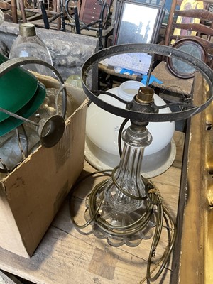 Lot 268 - Victorian overlay glass oil lamp, other oil lamp elements, shades, also box of glass lustres