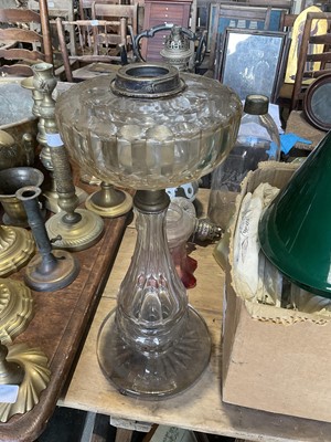 Lot 268 - Victorian overlay glass oil lamp, other oil lamp elements, shades, also box of glass lustres