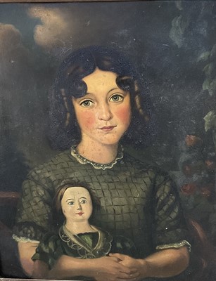 Lot 273 - 19th century naive oil on board of a girl and her doll, titled and dated verso - Mary Anne Elton, Finchley 1850, 52 x 43cm, framed