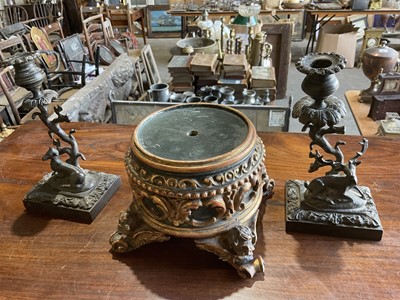 Lot 308 - Pair of Regency bronze candlesticks, with doe and stag ornament, 21cm high