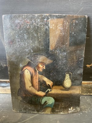 Lot 318 - 19th century naive oil on panel, depicting a gentleman in a tavern, together with oil on canvas landscape