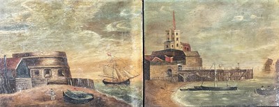 Lot 320 - English School, 19th century, pair of naive coastal scenes