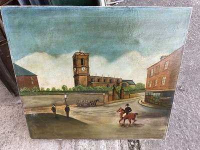 Lot 328 - 19th century English naive school oil on canvas, street scene