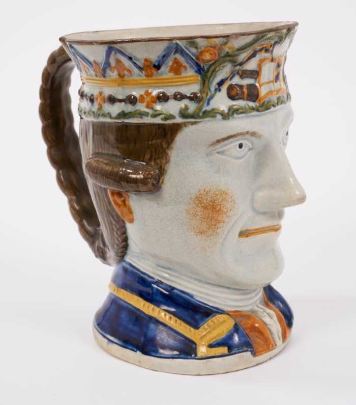 Lot 4 - Prattware Admiral Rodney character jug, c.1790-95, of large size, decorated in typical Pratt colours, the underside of the base with a faint moulded title 'Robney Abml [sic]', 15cm high