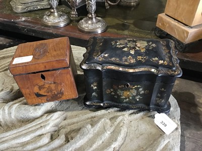 Lot 339 - Victorian papier-mâché tea caddy with twin lidded compartments and floral decoration 20 cm and Georgian inlaid satinwood caddy (2)