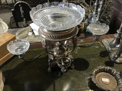 Lot 340 - George IV silver plated table centre with cut glass bowls on paw feet and set four Rency plated candlesticks and other plate