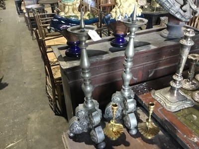 Lot 341 - Pair Antique Continental pewter pricket alter candlesticks 60cm high and pair brass shell candlesticks 19 cm high (4)