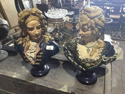 Lot 342 - Pair late 19th century Continental pottery faience busts on socles 39cm high