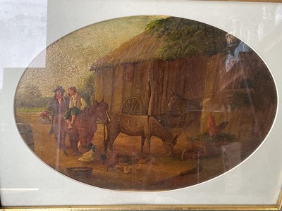 Lot 337 - Follower of George Morland, oil - farmyard scene, oval, 27 x 31cm, glazed frame