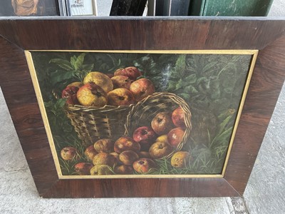 Lot 338 - English school, 19th century oil on canvas, still life of apples, together with three further oils