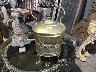 Lot 345 - Victorian brass kettle with tap on pierced stand on feet 50cm high