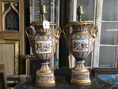 Lot 346 - Pair 19 th century French porcelain vases converted to table lamps with gilt swan handles 45 cm high ( including fittings )